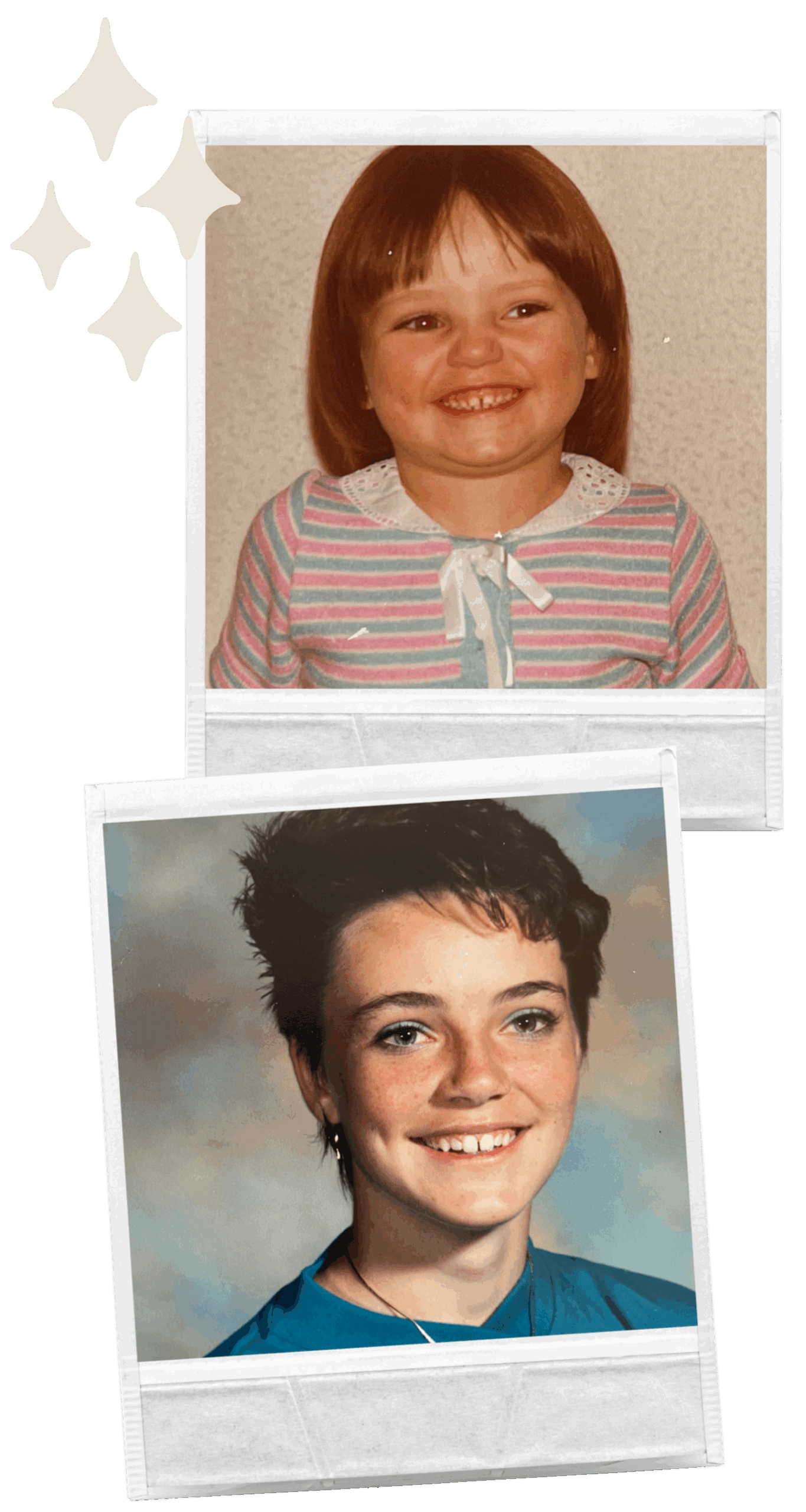 Meet Krystal Two Polaroids of Krystal Jakosky as a toddler and teenager