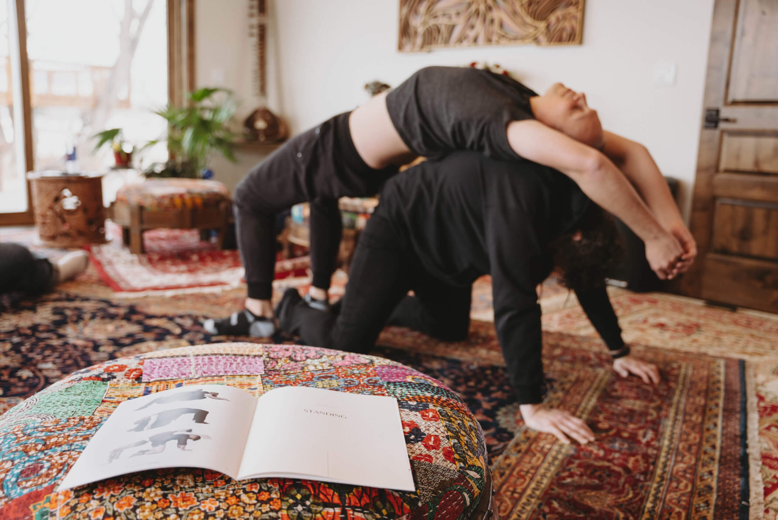 two men stretching together in a room with layered rugs and large windows