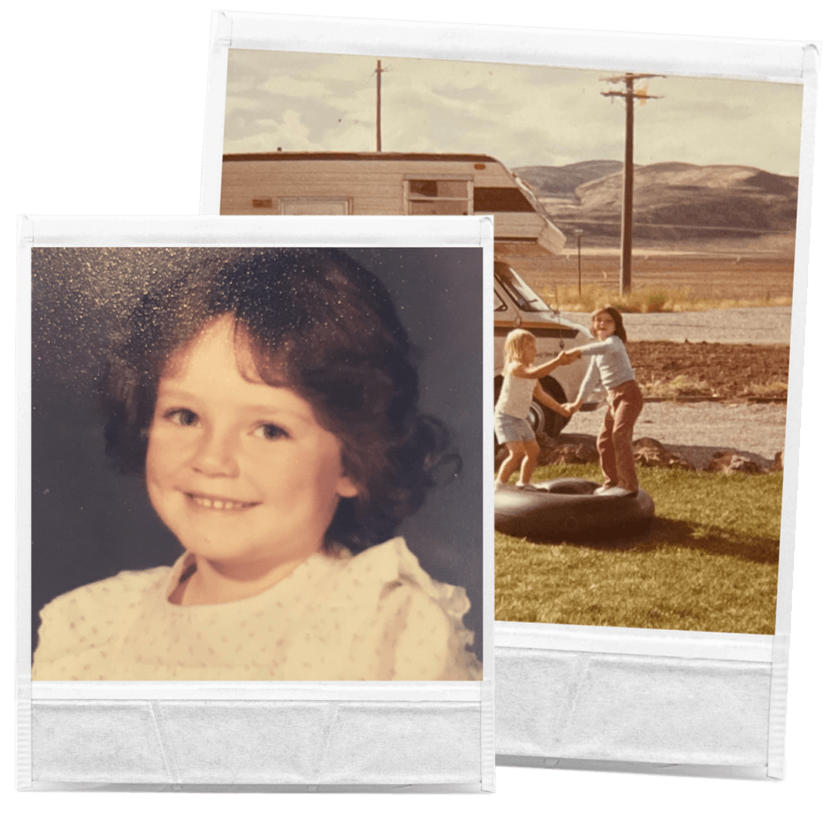 two polaroids of a young girl and two young girls playing