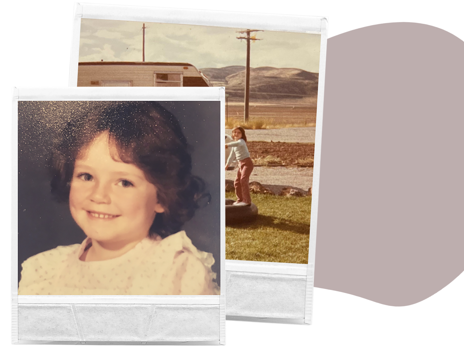 two polaroids of a young girl in a white dress