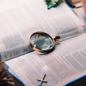 a gold magnifying glass on an open book