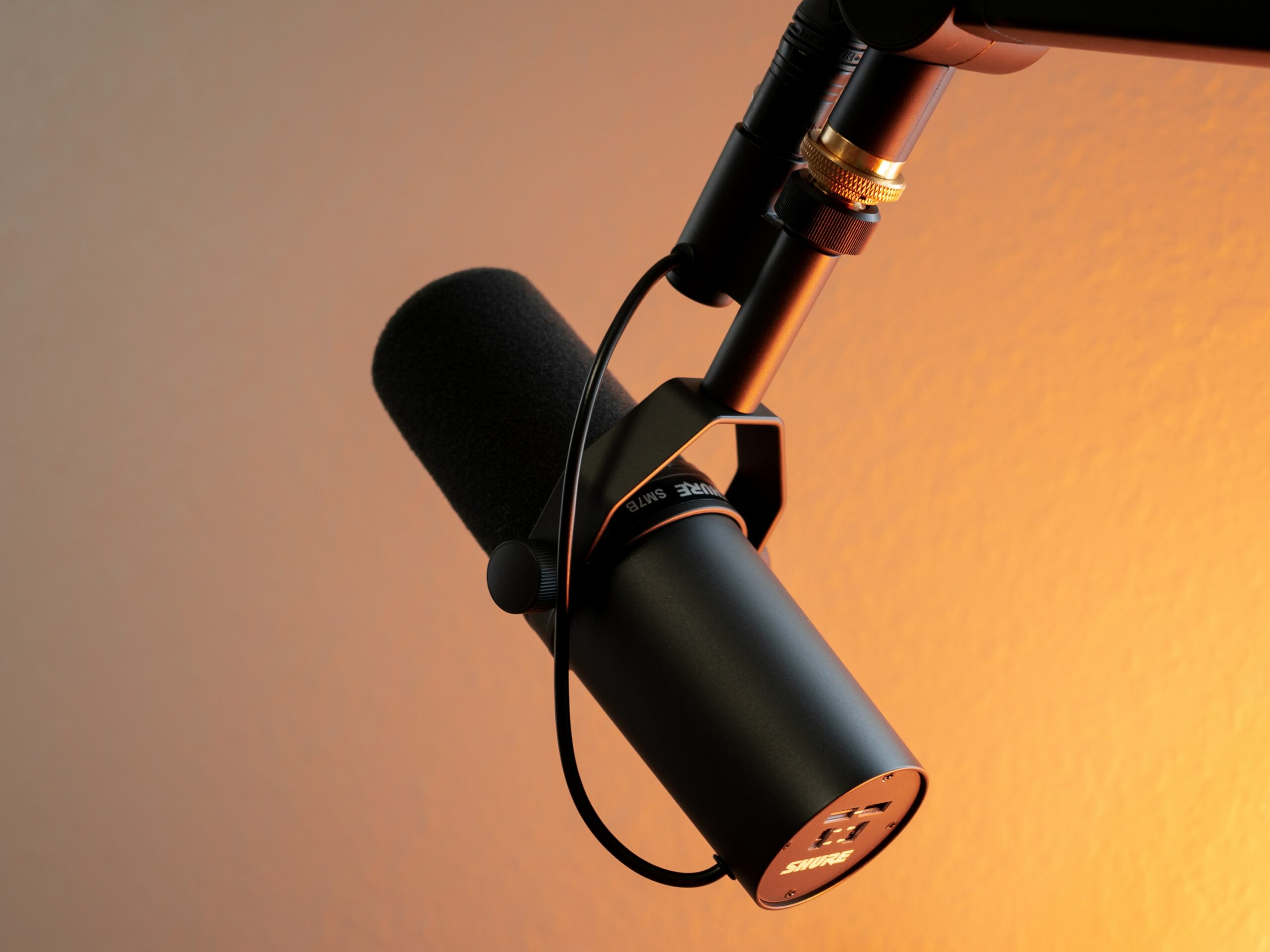 Journal close up of a podcasting microphone against a purple and yellow background